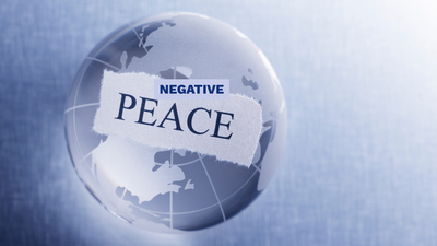 Illustration of a globe featuring the words 'Negative Peace' cut out, symbolizing hidden conflict.