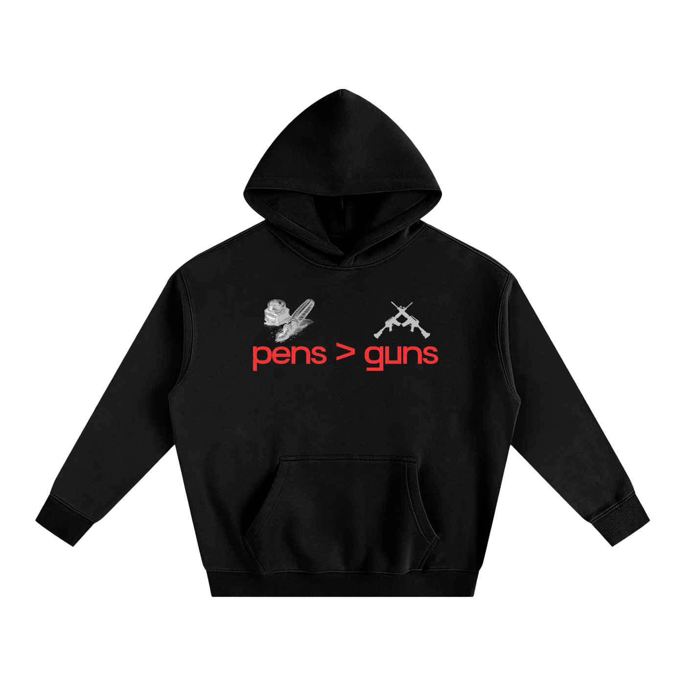 Pens Greater Than Guns Hoodie front view – peace and intellect streetwear by Thought Prophet