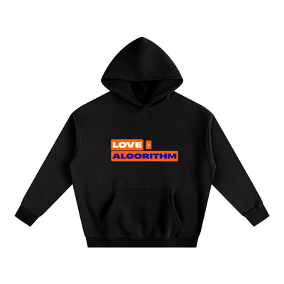 Love Greater Than Algorithm Hoodie front view – oversized fleeced design by Thought Prophet